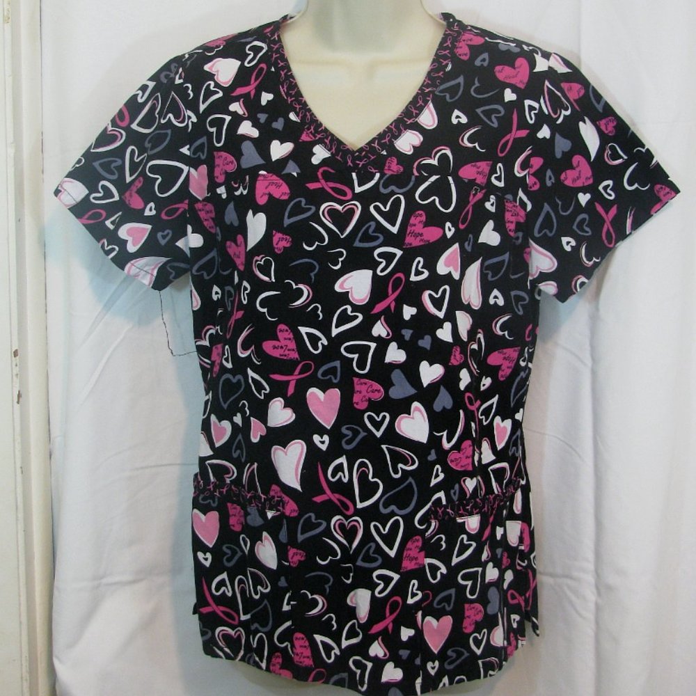 Nursery Scrub Top Black with Pink Ribbons Size S / CH Hearts Elastic Wai…